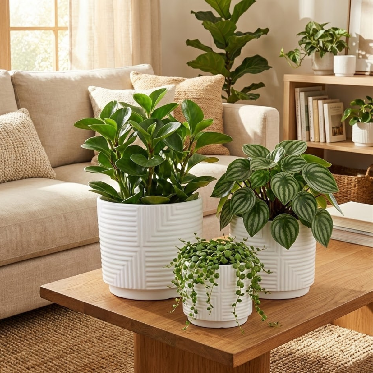 3-Piece White Stoneware Planter Set with Geometric Line Design