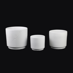 3-Piece White Stoneware Planter Set with Geometric Line Design