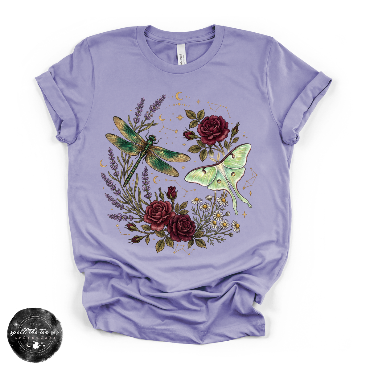 Dragonfly & Moth Rose Tee | Botanical Nature Graphic T-Shirt