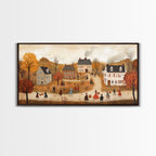 Autumn Harvest Village Scene Framed Canvas Print - Cozy Fall Decor and Seasonal Wall Art with Country Charm and Autumn Ambiance