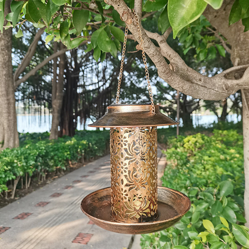 Outdoor solar powered lamp metal hanging bird feeder feeding and watering dual-purpose bird feeder decorative lamp
