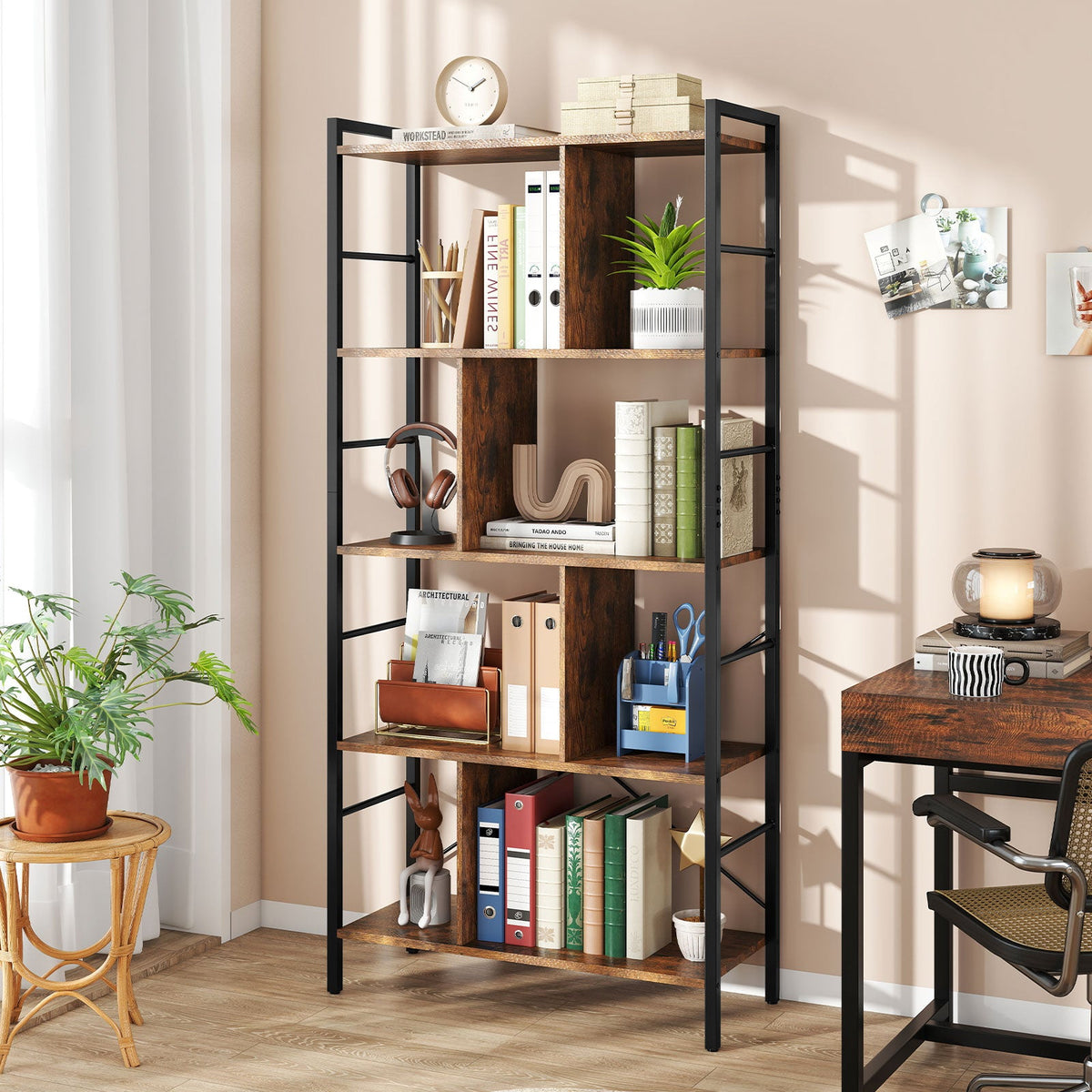 5-tier Bookcase 61 Inch Tall Industrial Bookshelf with Metal Frame