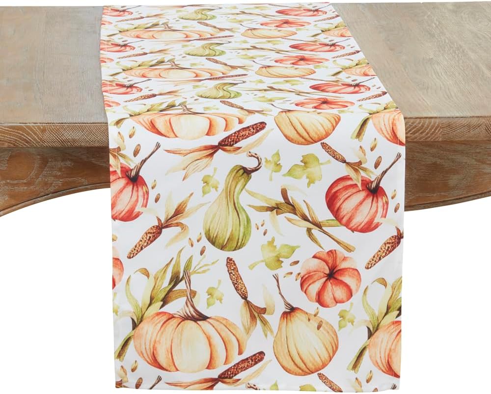 Fennco Styles Harvest Pumpkins Cotton Table Runner 16" W x 72" L - Multicolored Autumn Table Cover for Thanksgiving, Fall Festivals, Family Gatherings, Special Events and Home Décor