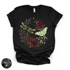 Dragonfly & Moth Rose Tee | Botanical Nature Graphic T-Shirt