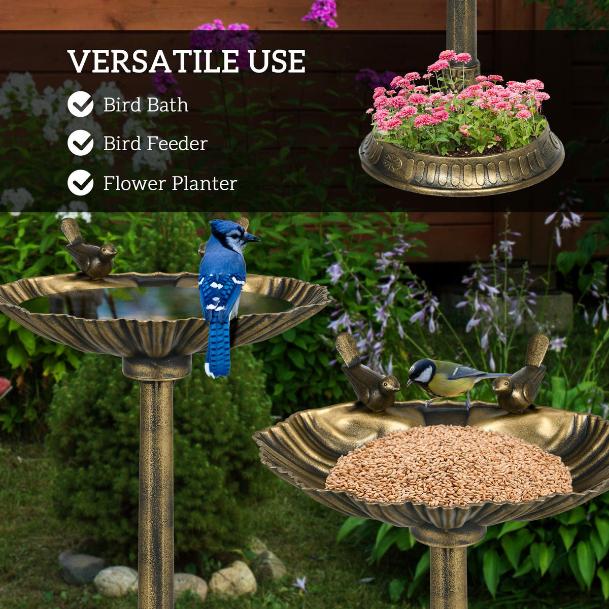 Outsunny - Antique Bird Bath With Pedestal Flower Planter Base, Vintage Style Decorative Birdbath, Bird Feeder Bowl & Planter Decoration Yard Statue - Bronze