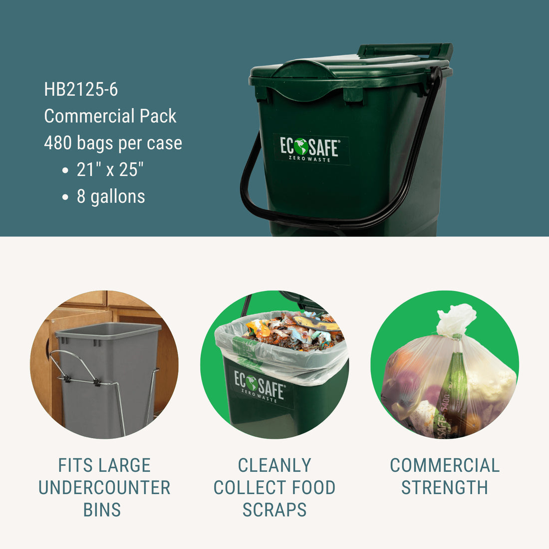 EcoSafe Zero Waste Compostable Bag Liners 8 Gallon 21x25in, SKU HB2125-6