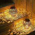 Solar LED Lantern Outdoor Iron Art Hanging Light Carved Hollow Design Waterproof Landscape Projection Lamp for Yard Garden Decor
