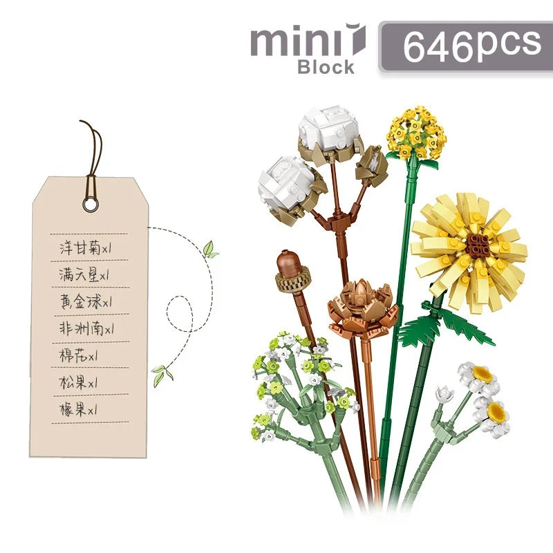 Romantic Roses, Sunflowers, and Daffodils Building Blocks – Classic Mini Bricks Garden House Model Kit for Kids