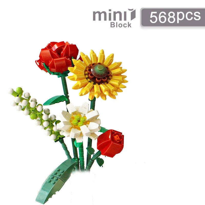 Romantic Roses, Sunflowers, and Daffodils Building Blocks – Classic Mini Bricks Garden House Model Kit for Kids