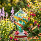 Aqua Confetti Teardrop Hand Blown Glass Humming Bird Feeder RC40B