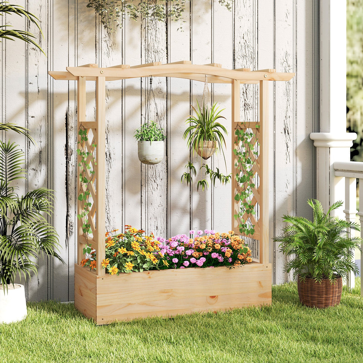 Wooden Raised Garden Bed Planter Box with Trellis and Hanging Roof