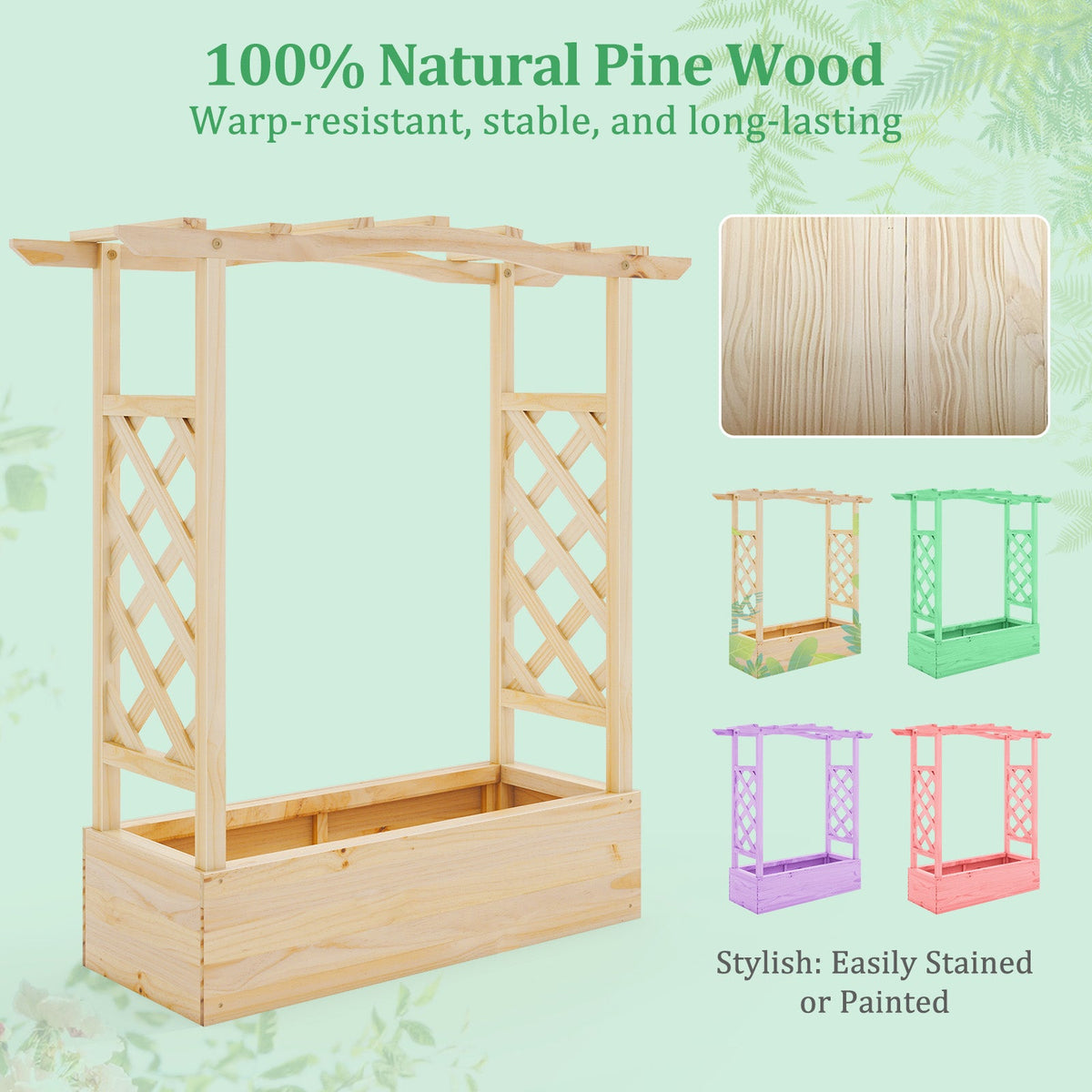 Wooden Raised Garden Bed Planter Box with Trellis and Hanging Roof