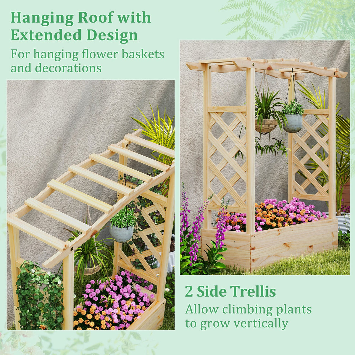 Wooden Raised Garden Bed Planter Box with Trellis and Hanging Roof