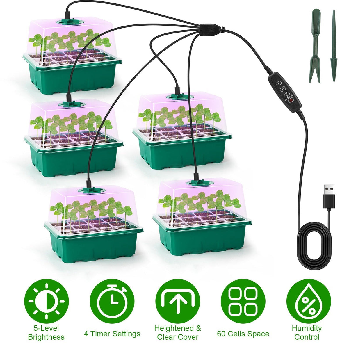 5Packs Seed Starter Tray With Grow Light Humidity Dome Germination Kit with 5-Level Brightness 4 Timers for Indoor Greenhouse