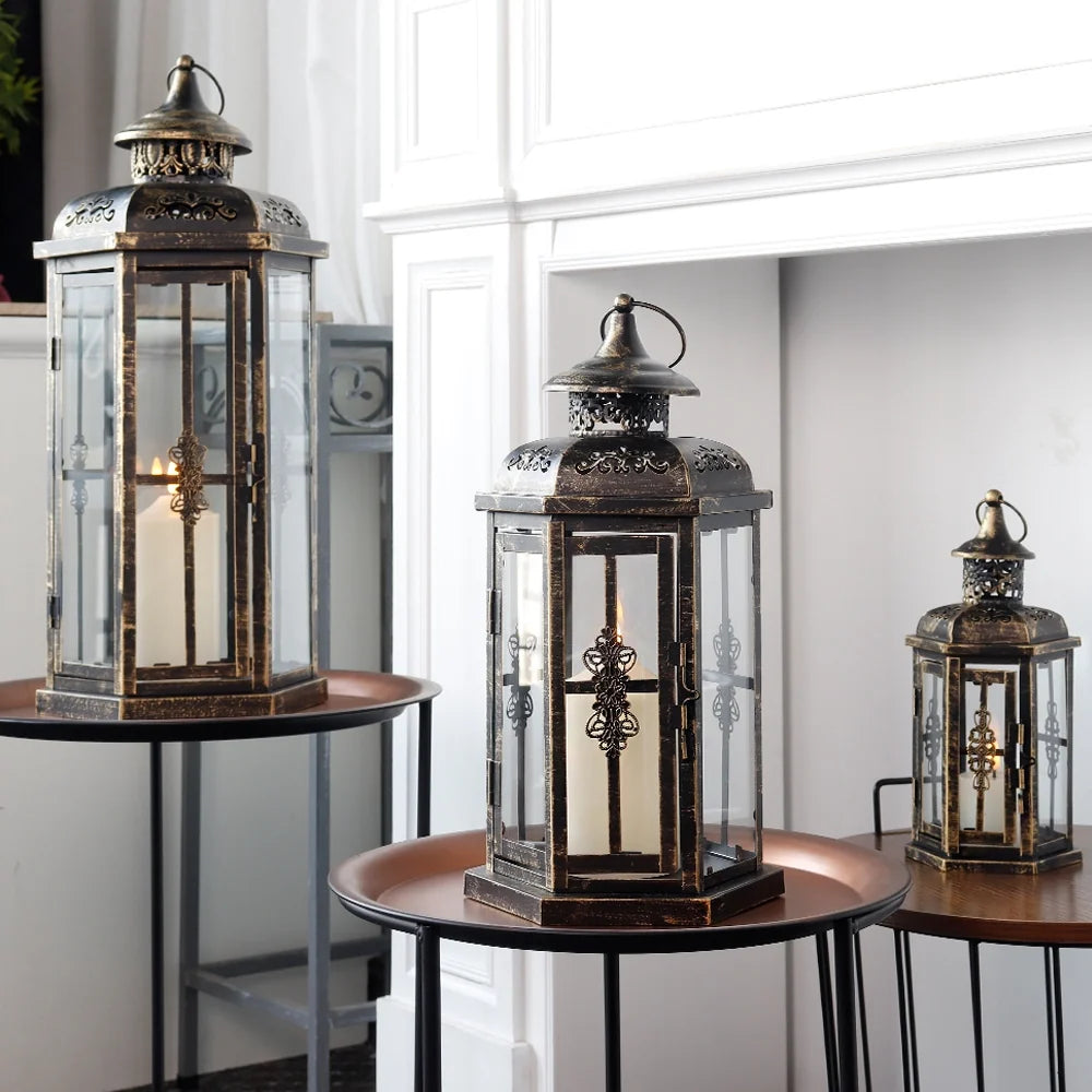 Set of 3-20.5''&14"&10"H Candle Lanterns(Black with Gold Brush)