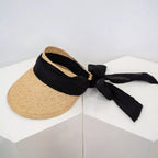 Ribbon-Tie Straw Visor Sun Hat